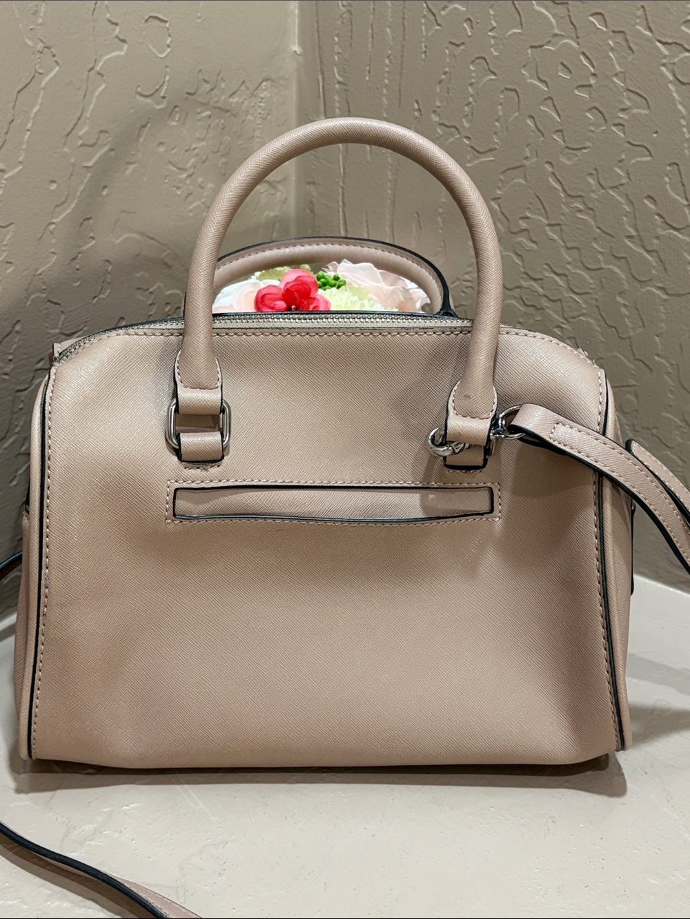 GUESS Crossbody Satchel with Embossed Logo ~ Mauve/Taupe - Picture 2 of 10